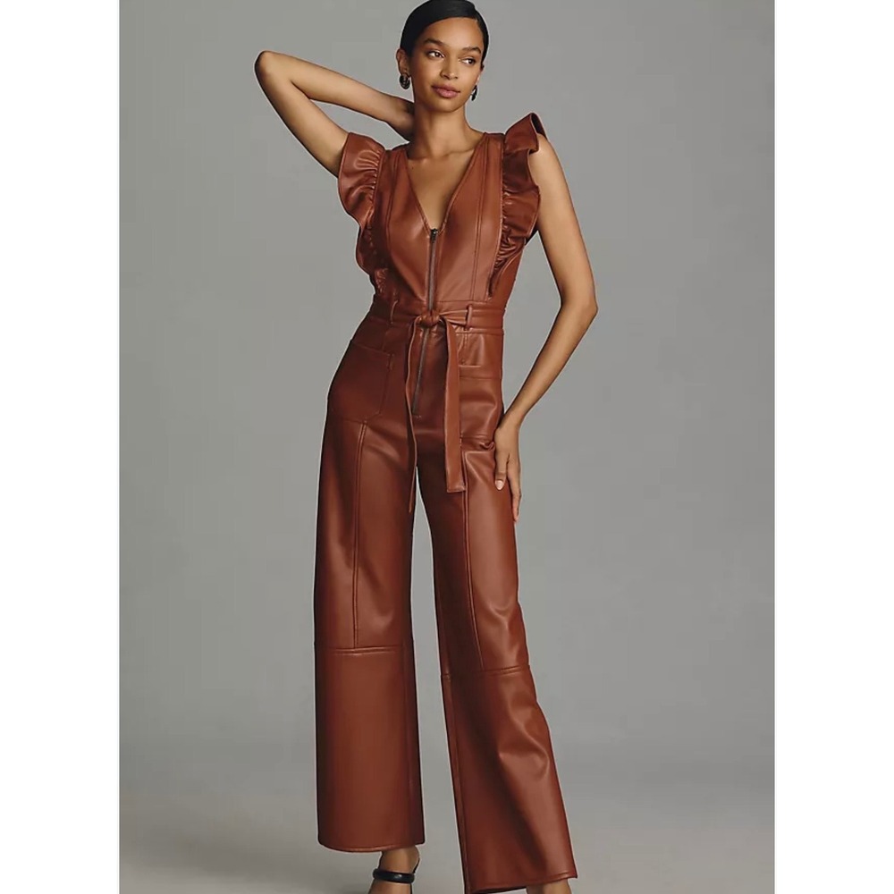 Maeve Anthropologie Faux Leather Ruffle Wide Leg Jumpsuit Cognac Brown Zipper